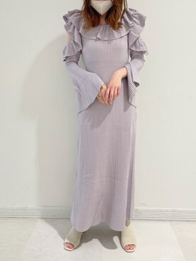 「one after another NICE CLAUP（ワンアフターアナザーナイスクラップ）の肩フリルレディニットワンピース/premium order（ワンピース、パープル系）」を使った、namikiさん（レディース・161cm）の夏コーディネート