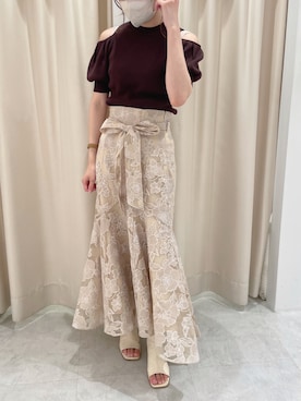 「one after another NICE CLAUP（ワンアフターアナザーナイスクラップ）のバックレースアップ肌見せ肩あきニット（ニット/セーター、ブラウン系）」を使った、namikiさん（レディース・161cm）の夏コーディネート