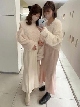 「one after another NICE CLAUP（ワンアフターアナザーナイスクラップ）の【ZOZO先行予約】ツイードフロントスリットマーメイドスカート（スカート、ホワイト系）」を使った、namikiさん（レディース・161cm）の冬コーディネート