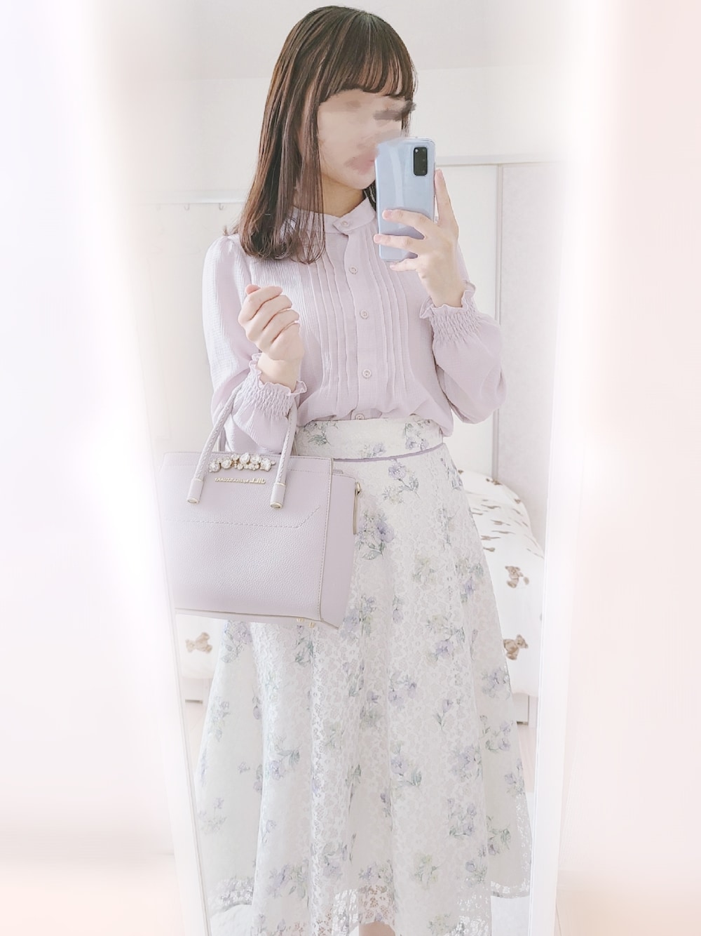 「春コーデ、LAISSE PASSE、清楚系、休日コーデ、通勤コーデ、レーススカート、JILL by Jillstuart、PROPORTION BODY DRESSING、パステルカラー、おしゃれさんと繋がりたい、お出かけコーデ、大人かわいい、デートコーデ、花柄、低身長」｜「LAISSE PASSEのレースプリントミディスカート（スカート、ホワイト系）」を使った、かな *⑅୨୧ さん（レディース・149cm）の春コーディネートの1枚目の写真