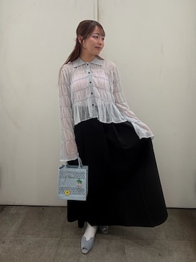 「SENSE OF PLACE by URBAN RESEARCH(センスオブプレイスバイアーバンリサーチ)の『洗濯可』シャーリングエリツキニットカーディガン(カーディガン/ボレロ、ブルー系)」を使った、めりさん(レディース・152cm)の春コーディネート