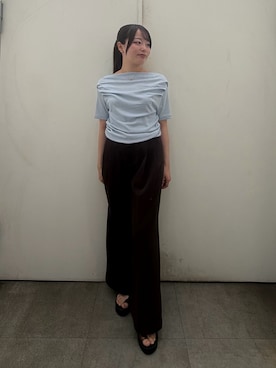 「SENSE OF PLACE by URBAN RESEARCH(センスオブプレイスバイアーバンリサーチ)のシアードレープトップ(半袖)(Tシャツ/カットソー、ブルー系)」を使った、めりさん(レディース・152cm)の夏コーディネート