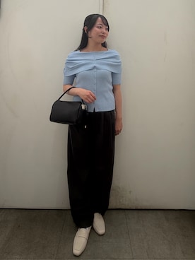 「SENSE OF PLACE by URBAN RESEARCH(センスオブプレイスバイアーバンリサーチ)の『洗濯可』オフショルリブセーター(半袖)(ニット/セーター、ブルー系)」を使った、めりさん(レディース・152cm)の春コーディネート
