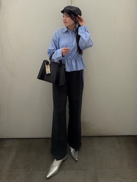 「SENSE OF PLACE by URBAN RESEARCH(センスオブプレイスバイアーバンリサーチ)のクロップドギャザーシャーリングシャツ(シャツ/ブラウス、ブルー系)」を使った、めりさん(レディース・152cm)の秋コーディネート