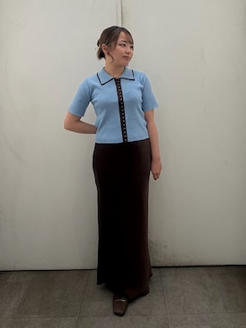 「SENSE OF PLACE by URBAN RESEARCH(センスオブプレイスバイアーバンリサーチ)のバイカラーエリツキホックニット(ニット/セーター、ブルー系)」を使った、めりさん(レディース・152cm)の春コーディネート