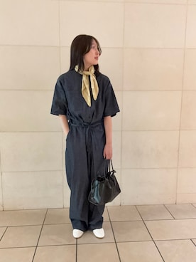 「かぐれ（カグレ）の綿麻デニムハーフスリーブオールインワン（つなぎ/オールインワン、ブルー系）」を使った、tomoさん（レディース・161cm）の春コーディネート
