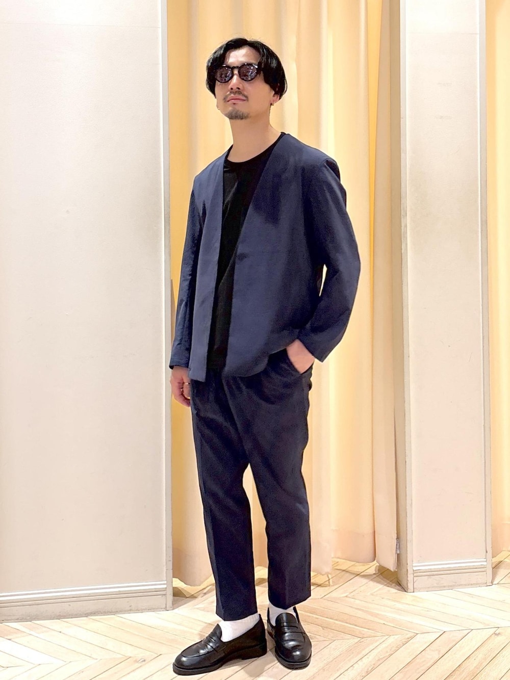 アダムエロペ ノーカラーコート ウール ダウン混 ブルー 1710116931.jpg