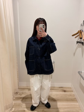 「かぐれ（カグレ）の『ユニセックス』デニムカバーオール（カバーオール、ブルー系）」を使った、ななさん（レディース・155cm）の冬コーディネート