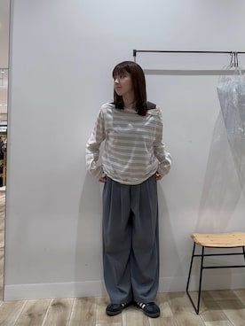「URBAN RESEARCH（アーバンリサーチ）のマルチボーダー2WAYカットソー（Tシャツ/カットソー、ベージュ系）」を使った、ななさん（レディース・155cm）の春コーディネート