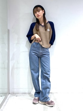 「ショート丈トップス」｜「アイテム（ハンチング/ベレー帽）」を使った、浜口彩奈さん（レディース・158cm）の秋コーディネート