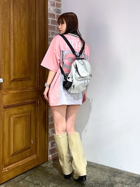 「X-girl（エックスガール）のFACE LABEL FOOTBALL TEE DRESS（ワンピース、ピンク系）」を使った、浜口彩奈さん（レディース・158cm）の春コーディネート