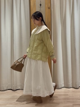 「Samansa Mos2（サマンサ モスモス）のスクエア刺繍バンドカラーブラウス（シャツ/ブラウス、グリーン系）」を使った、ことこさん（レディース・152cm）の冬コーディネート