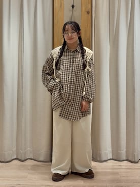 「Samansa Mos2（サマンサ モスモス）のポコポコチェックオーバーシャツ（シャツ/ブラウス、ベージュ系）」を使った、ことこさん（レディース・152cm）の冬コーディネート