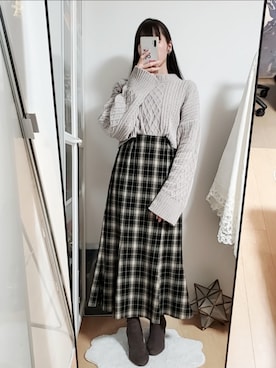 「LA BELLE ETUDE（ラベルエチュード）のモールケイブルlongスリーブショートニット（ニット/セーター、グレー系）」を使った、mmmm_さん（レディース・159cm）の冬コーディネート