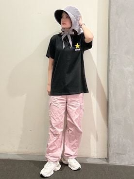 「OVERRIDE（オーバーライド）のOVERRIDE  HEATLOCK SNAP ROLLHAT SGP / オーバーライド（ハット、ブラック系）」を使った、RIKOさん（レディース・160cm）の春コーディネート