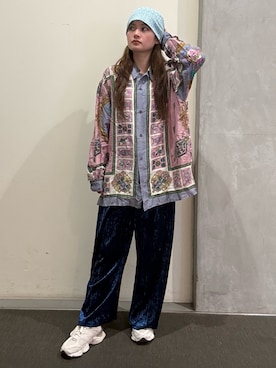 「OVERRIDE（オーバーライド）のOVERRIDE  OGC LACE HEADSCARF SG / オーバーライド（ヘアバンド、ブルー系）」を使った、RIKOさん（レディース・160cm）の春コーディネート