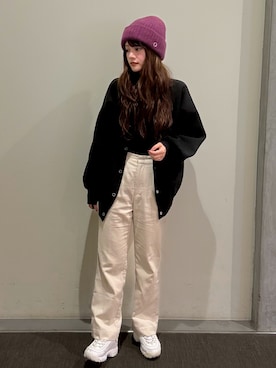 「アイテム（ニットキャップ/ビーニー、パープル系）」を使った、RIKOさん（レディース・160cm）の秋コーディネート