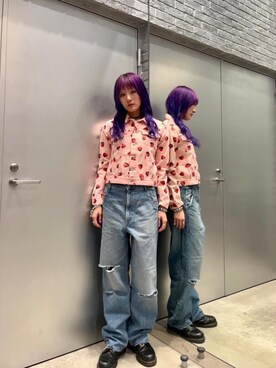 「アイテム（デニムジャケット、ピンク系）」を使った、moanghaeeeさん（レディース・168cm）の冬コーディネート