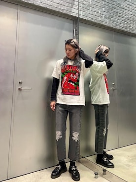 「HYSTERIC GLAMOUR（ヒステリックグラマー）のSNAKE LOOP 8分丈クラッシュデニムパンツ（デニムパンツ）」を使った、moanghaeeeさん（レディース・168cm）の冬コーディネート