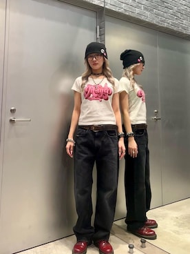 「HYSTERIC GLAMOUR（ヒステリックグラマー）のBLACK MAGIC WOMAN チビTシャツ（Tシャツ/カットソー）」を使った、moanghaeeeさん（レディース・168cm）の冬コーディネート