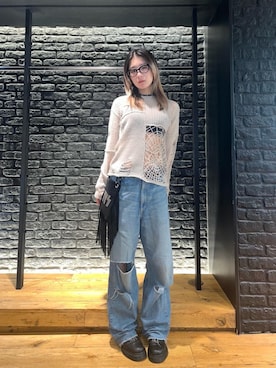 「HYSTERIC GLAMOUR（ヒステリックグラマー）のロゴスタッズ フリンジミニバッグ（ショルダーバッグ）」を使った、moanghaeeeさん（レディース・168cm）の秋コーディネート