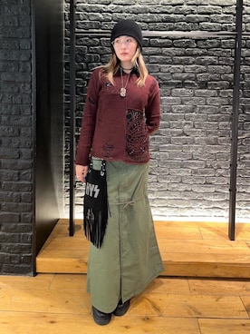 「HYSTERIC GLAMOUR（ヒステリックグラマー）のロゴスタッズ フリンジミニバッグ（ショルダーバッグ）」を使った、moanghaeeeさん（レディース・168cm）の秋コーディネート