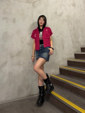 「HYSTERIC GLAMOUR（ヒステリックグラマー）のRAT CITY BOWL刺繍 ボーリングシャツ（シャツ/ブラウス、ピンク系）」を使った、moanghaeeeさん（レディース）の春コーディネート