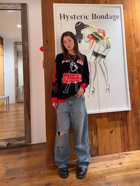 「HYSTERIC GLAMOUR（ヒステリックグラマー）のHYSTERIC84ジャカードメッシュ プルオーバー（ニット/セーター、ブラック系）」を使った、moanghaeeeさん（レディース）の春コーディネート