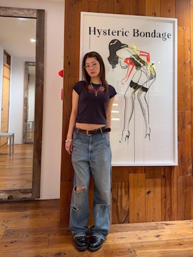 「HYSTERIC GLAMOUR（ヒステリックグラマー）のRESIZE加工 デニムストレートパンツ（デニムパンツ、ブルー系）」を使った、moanghaeeeさん（レディース）の春コーディネート