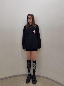 「HYSTERIC GLAMOUR（ヒステリックグラマー）のバックレースアップ マイクロミニデニムスカート（スカート、ブラック系）」を使った、moanghaeeeさん（レディース）の春コーディネート