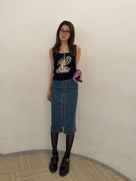 「HYSTERIC GLAMOUR（ヒステリックグラマー）のCOBRA キャミソール（キャミソール、ブラック系）」を使った、moanghaeeeさん（レディース）の夏コーディネート