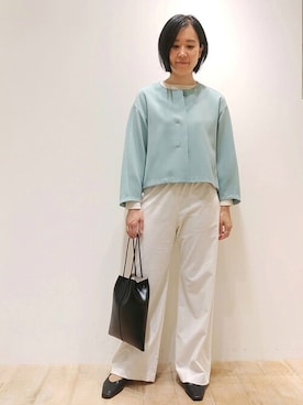 「シャツジャケット」｜「アイテム（ノーカラージャケット）」を使った、Chieさん（レディース・164cm）の秋コーディネート