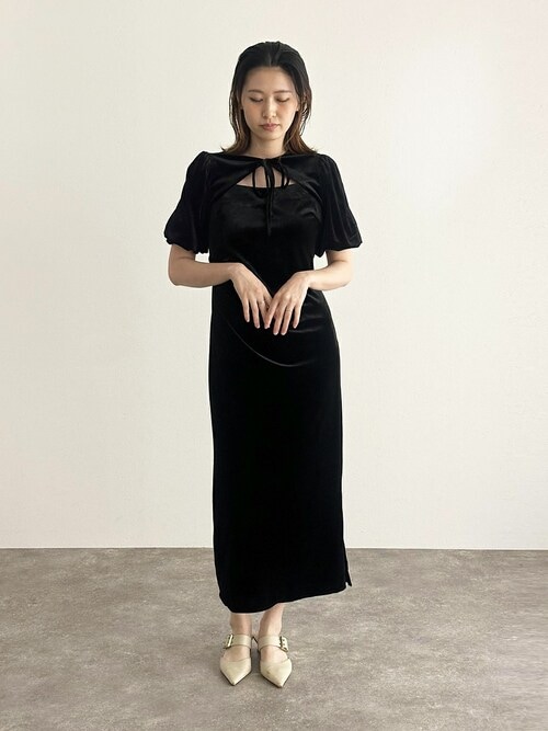 オケージョンドレス ワンピース 黒 ミモレ丈&袖ありフォーマル2wayベロアセレモニー結婚式二次会