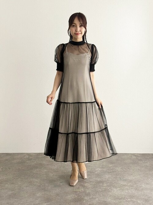 低身長用サイズあり】ミモレ丈&袖ありフォーマルティアードチュール