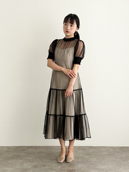 低身長用サイズあり】ミモレ丈&袖ありフォーマルティアードチュール