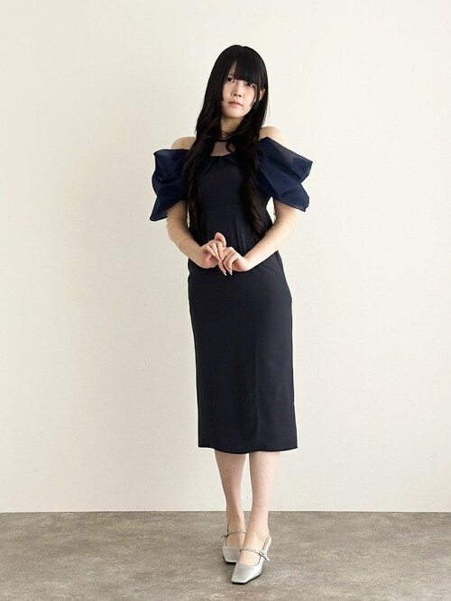 ミモレ丈&袖ありフォーマルオフショルオケージョンドレス 同窓会 オケージョンドレス 結婚式 パーティードレス ミモレ丈