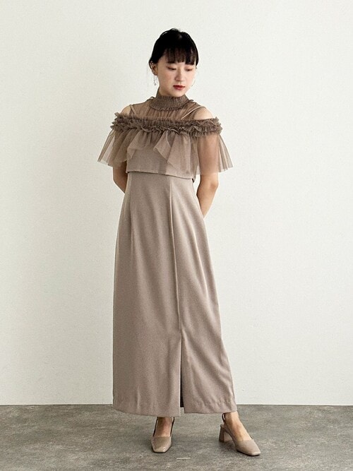 クリーム色 フリル付きパーティードレス フリルボレロセットレースドレス 2点セット パーティードレス