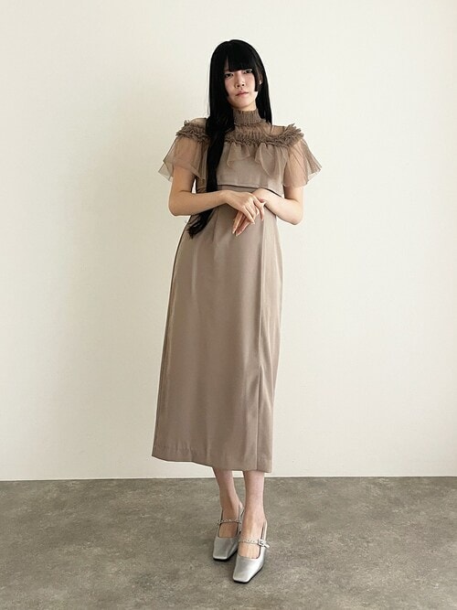 ミモレ丈&ノースリーブフォーマルギャザーチュールセレモニー結婚式パーティードレス 低身長用サイズあり】ミモレ丈&ノースリーブフォーマル同窓会ギャザー