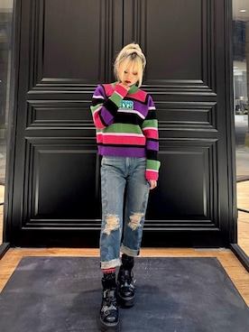 「HYSTERIC GLAMOUR（ヒステリックグラマー）のSNAKE LOOP 8分丈クラッシュデニムパンツ（デニムパンツ）」を使った、aykさん（レディース・157cm）の秋コーディネート