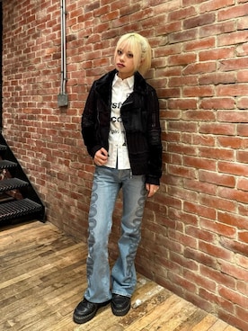 「シャツ 」｜「アイテム（ライダースジャケット）」を使った、aykさん（レディース・157cm）の秋コーディネート