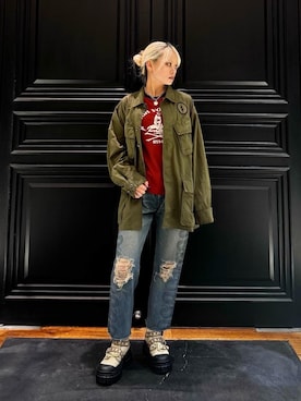 「HYSTERIC GLAMOUR（ヒステリックグラマー）のSNAKE LOOP 8分丈クラッシュデニムパンツ（デニムパンツ）」を使った、aykさん（レディース・157cm）の秋コーディネート