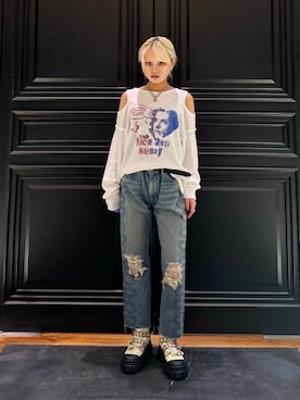 「HYSTERIC GLAMOUR（ヒステリックグラマー）のSNAKE LOOP 8分丈クラッシュデニムパンツ（デニムパンツ）」を使った、aykさん（レディース・157cm）の秋コーディネート