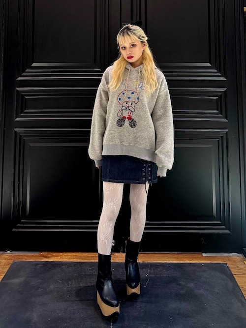 APPLE PANDA刺繍 サイドレースアップデニムミニスカート（デニム