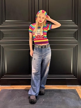 「HYSTERIC GLAMOUR（ヒステリックグラマー）のSTUDS BADGES FEVER ベルト（ベルト、ブラック系）」を使った、aykさん（レディース・157cm）の春コーディネート
