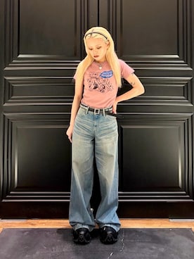 「HYSTERIC GLAMOUR（ヒステリックグラマー）のデニムワイドパンツ（デニムパンツ、ブルー系）」を使った、aykさん（レディース・157cm）の春コーディネート