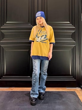 「HYSTERIC GLAMOUR（ヒステリックグラマー）のSNAKE LOOP柄デニムフレアパンツ（デニムパンツ、ブルー系）」を使った、aykさん（レディース・157cm）の春コーディネート
