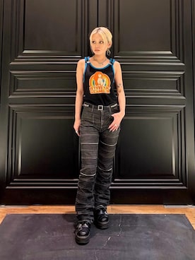 「HYSTERIC GLAMOUR（ヒステリックグラマー）のスクラッチフレアデニムパンツ（デニムパンツ、ブラック系）」を使った、aykさん（レディース・157cm）の春コーディネート