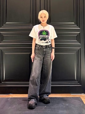 「HYSTERIC GLAMOUR（ヒステリックグラマー）のデニムワイドパンツ（デニムパンツ、ブラック系）」を使った、aykさん（レディース・157cm）の夏コーディネート