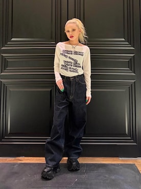 「HYSTERIC GLAMOUR（ヒステリックグラマー）の1タックワイドデニムパンツ（デニムパンツ、ブルー系）」を使った、aykさん（レディース・157cm）の夏コーディネート