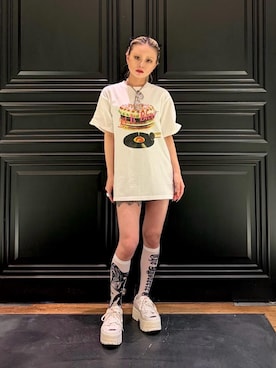「HYSTERIC GLAMOUR（ヒステリックグラマー）のHYSTERIC TIMES シアーハイソックス（ソックス/靴下、ホワイト系）」を使った、aykさん（レディース・157cm）の夏コーディネート